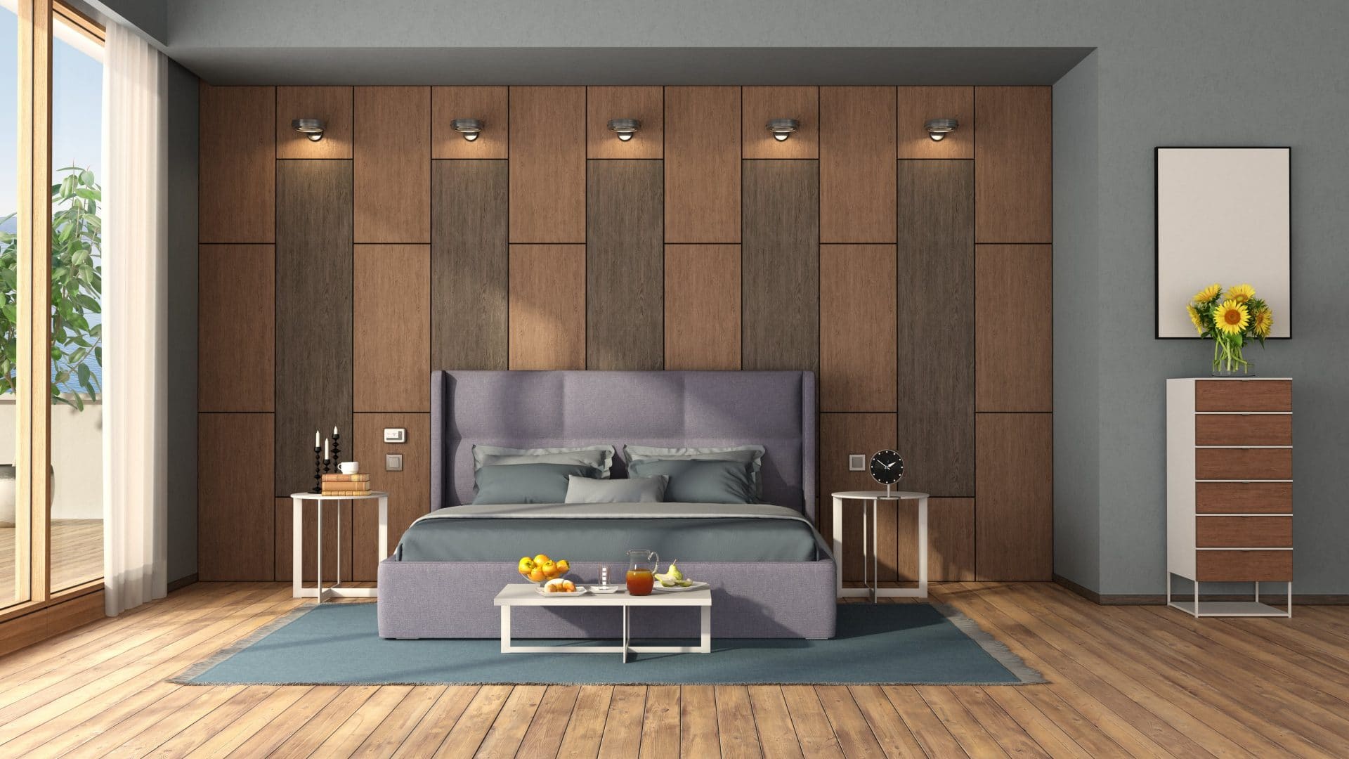 Quarto moderno com piso em madeira